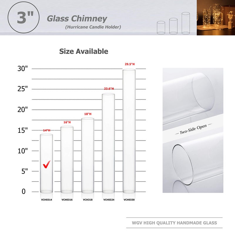 WGVI Hurricane Candle Holder Sleeve, Wide 3", Height 14", Clear Glass Cylinder Candleholder, Chimney Tube, Open Ended Candle Shade, 1 Piece - Image 3